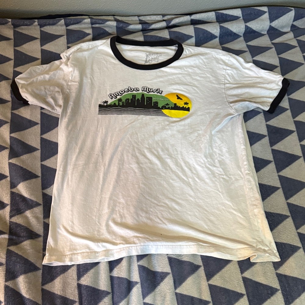 White Amoeba Music Ringer Tee with Graphic Print